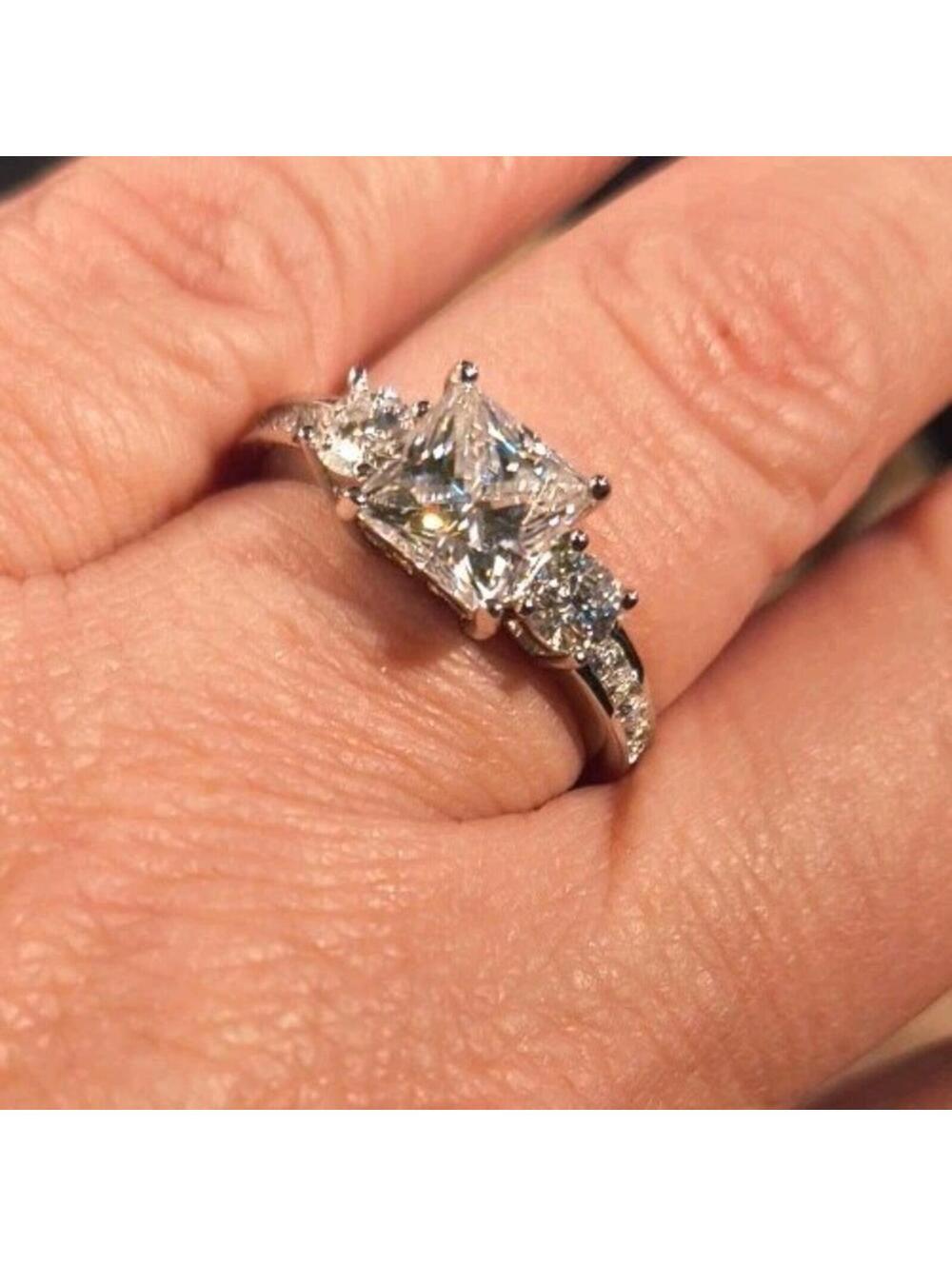 2.5 TCW Asscher Cut Moissanite Three Stone Engagement Ring Sterling Silver